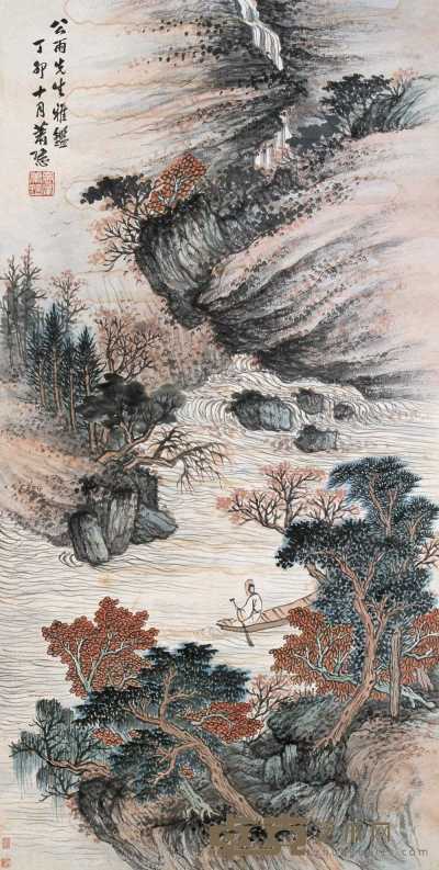 萧愻 1927年作 秋山渔隐 立轴 132×67cm